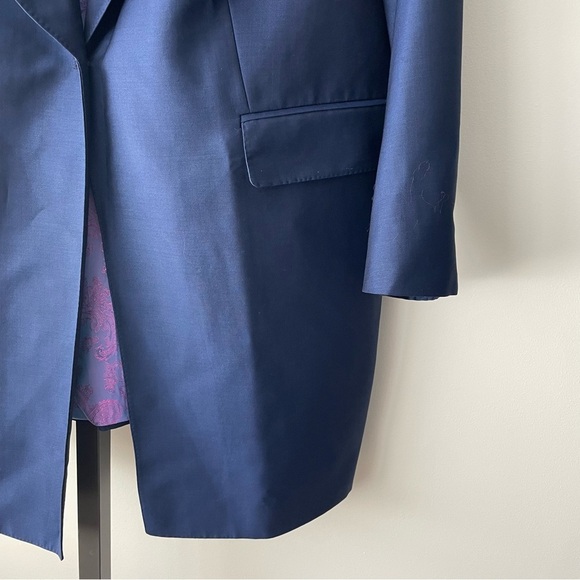 Luxury Italian Longline Sports Coat Blazer Suit Jacket Long Blue Mens Size 44 - Picture 11 of 13